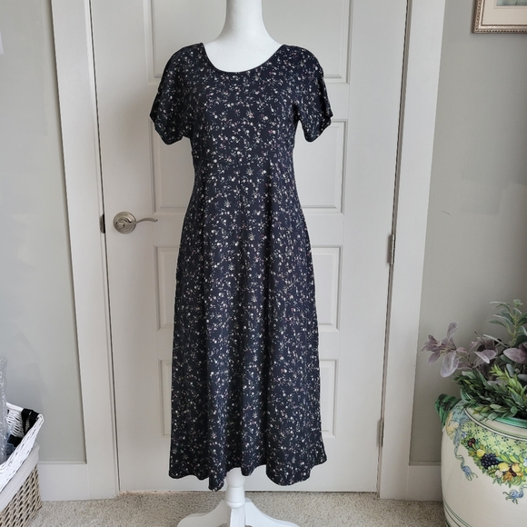 Vintage Petite Jazz Midi Black floral Ditzy Dress 90s, Prairie Cottage Core EUC - Picture 1 of 6